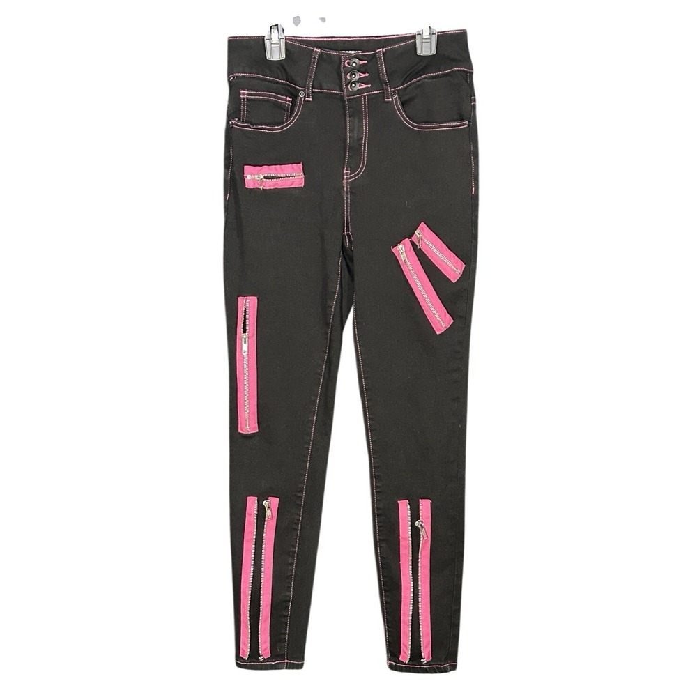 Hot Topic Black & Pink Working Zipper Accents Super Skinny Jeans Punk Size 7